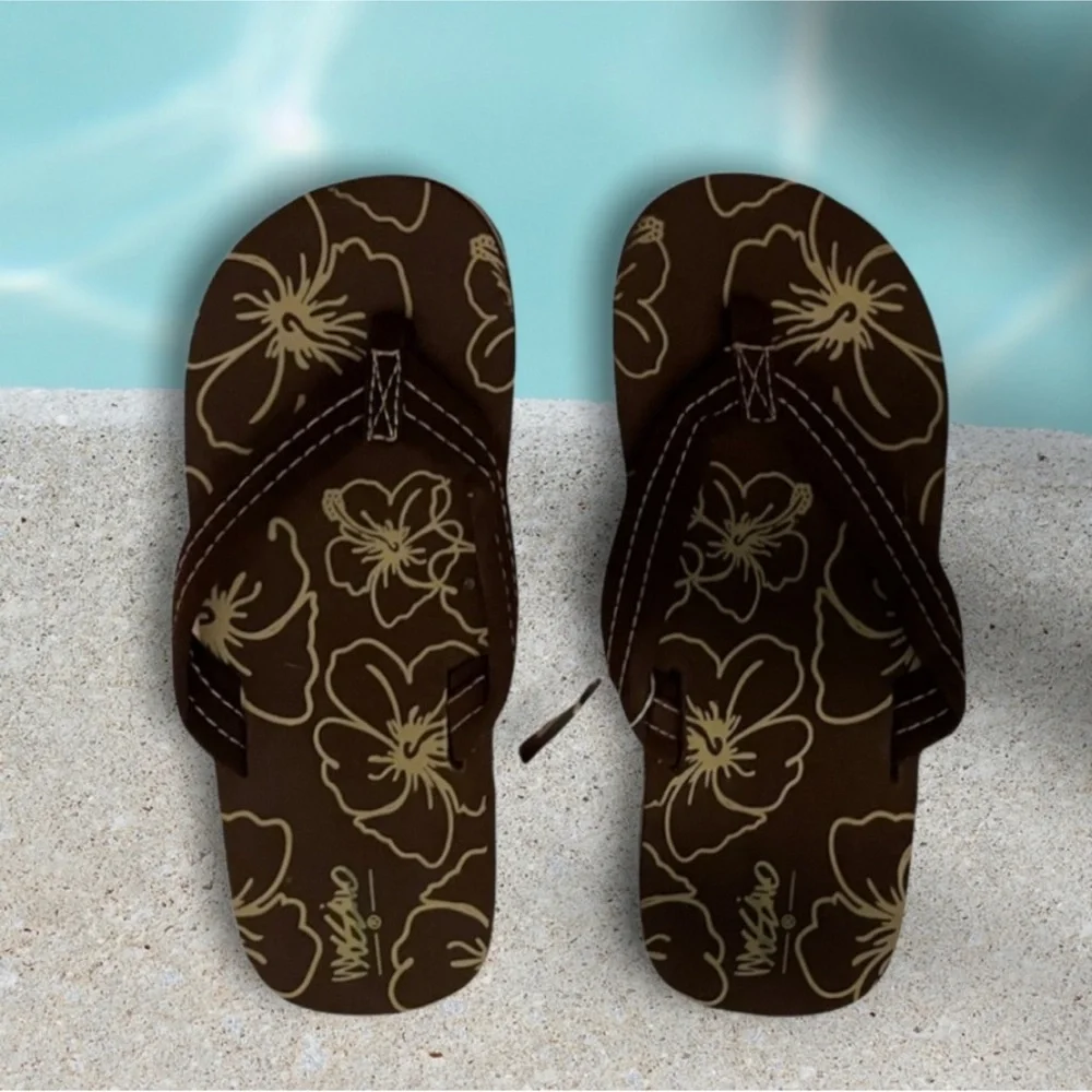 Brown Tropical Flower Flip Flops Casual Floral Unisex Non Gender Kids Size L 3/4